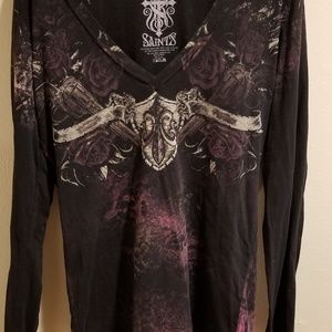 Womens Affliction Rebel Saints V-Neck Shirt